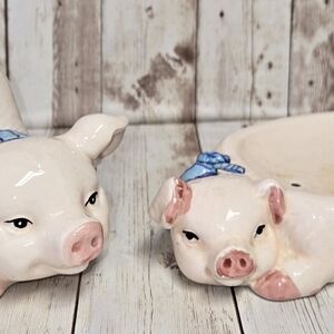 Vintage Pig Bathroom Set Toothbrush Holder Soap Dish Farmhouse Decor Pink Blue